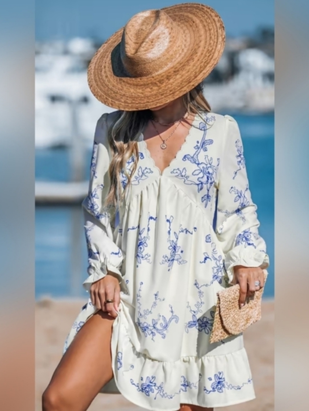 Cupshe Boho Orchids Ruffuled Mini Dress, Blue & Cream